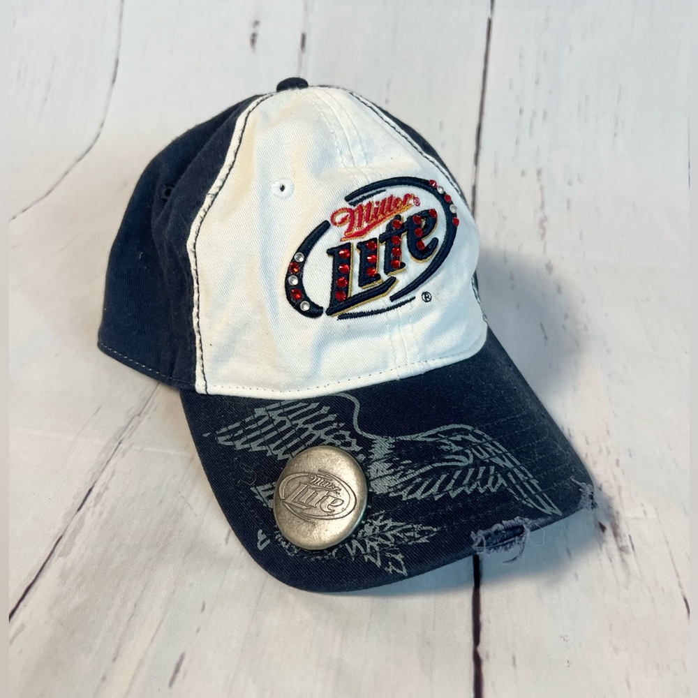 Miller Lite Distressed and Blinged Out Beer Hat with BUILT-IN Bottle Opener